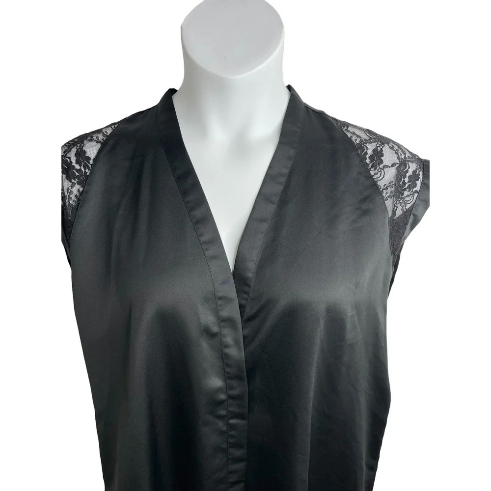 Victorias Secret Black‎ Satin Lace Shoulder Kimono Robe Sleepwear Womens Large
